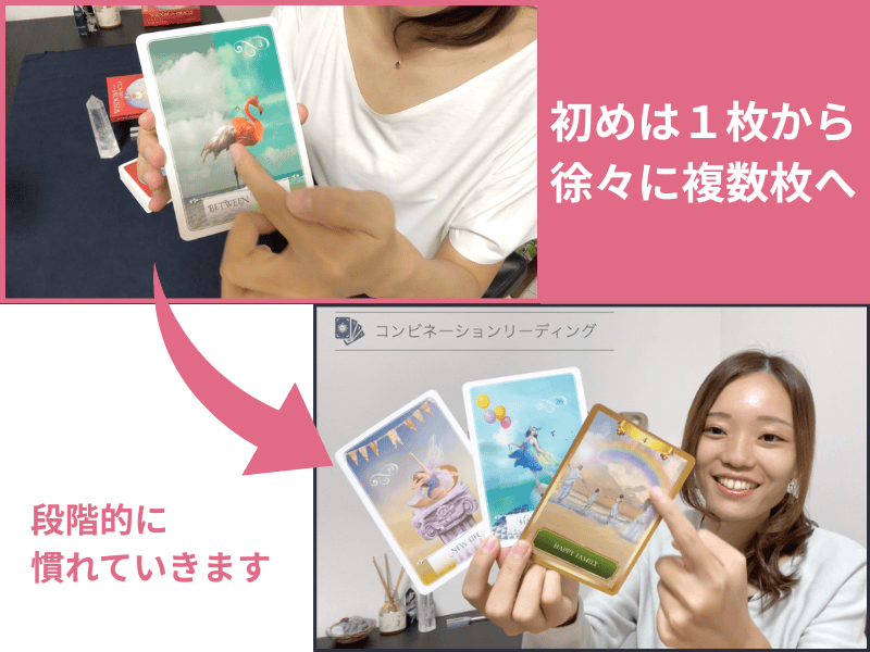 初めは1枚から
徐々に複数枚へ
コンビネーションリーディング 段階的に慣れていきます